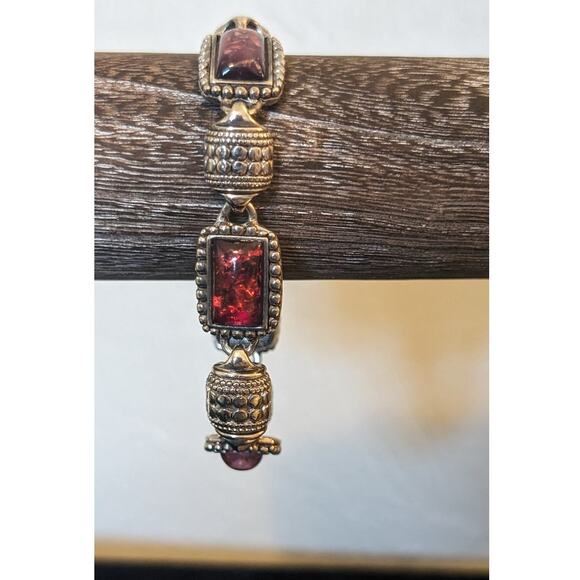 Antiqued Silver Tone Faux Multi-Color Opal Station Bracelet W/ Magnetic Clasp - Picture 2 of 6